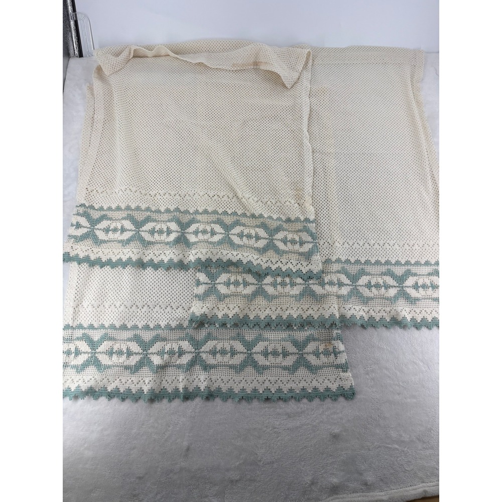 Vintage Crochet Cafe Curtain 27x34 Cream Sage Green Lace Scalloped READ
